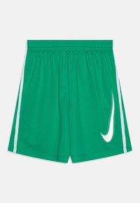 Grüne Sportshorts aus atmungsaktivem Material, mit einem weißen Nike-Logo und Seitenstreifen, elastischem Bund und klassischem Schnitt.