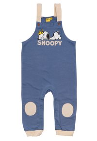 Salopette in cotone blu con bretelle beige, con una grafica di Snoopy e toppe crema sui gomiti. Chiusure a scatto sul fondo per una facile vestizione.