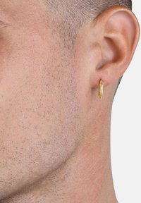 Guldörhänge, rund форма, slät yta, medeltjocklek, sitter på örsnibble, subtil glans mot hudton.