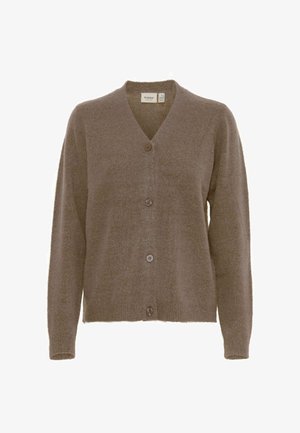 Brun, mjuk, texturerad kofta med V-ringning, fem knappar och långa ärmar, som visar en avslappnad design lämplig för lager på lager.