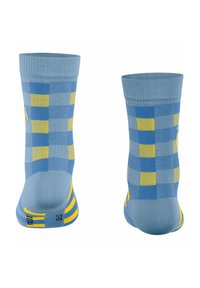 Blaue Socken mit einem karierten Muster in Hellblau und Gelb. Besitzen einen gerippten Bund und gestreifte Akzente an Ferse und Zehen. Material aus Baumwollmischung.