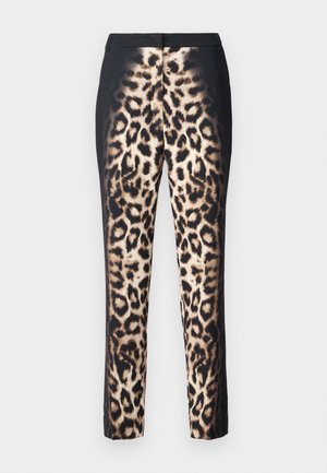 Leopard print trousers with a slim fit, featuring a black waistband and a glossy finish. The pattern has beige and dark brown spots.