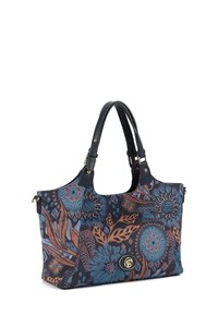 Borsa a spalla multicolore con motivi floreali e geometrici, realizzata in tessuto, dotata di due manici in pelle nera e un accento con logo dorato.