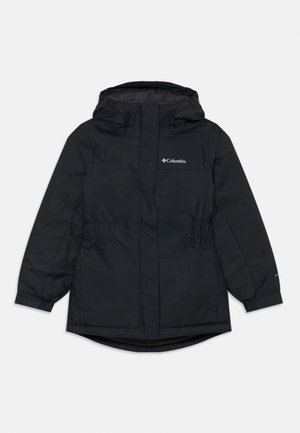 Veste d'hiver noire Columbia avec isolation, capuche, panneaux élastiques à la taille et fermeture éclair à l'avant protégée par un rabat tempête.
