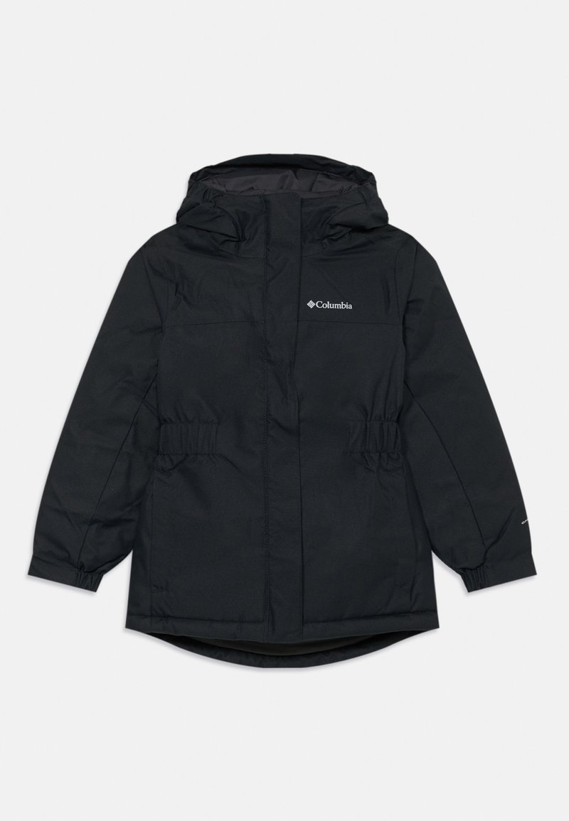 Veste d'hiver noire Columbia avec isolation, capuche, panneaux élastiques à la taille et fermeture éclair à l'avant protégée par un rabat tempête.