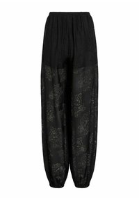 Czarne koronkowe spodnie z elastycznym pasem, ozdobione kwiatowym wzorem i przezroczystą fakturą, zwężane przy kostkach o luźnym kroju.