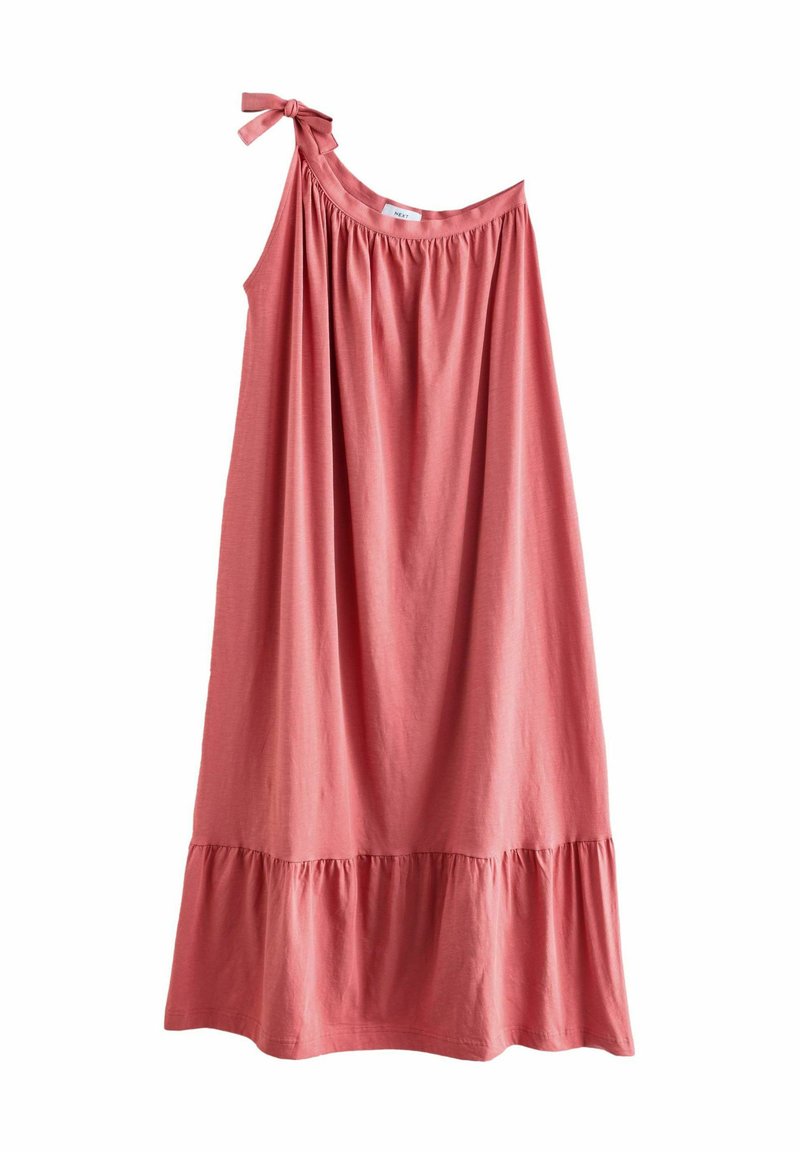 Abito rosa senza maniche realizzato in tessuto morbido, con scollatura elastica, nastro legato su una spalla e orlo a balze arricciato.