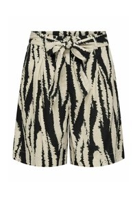 Korte broek van een lichtgewicht stof met een beige en zwarte tijgerstreep patroon, voorzien van een striktaille en een relaxte pasvorm.