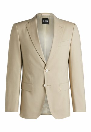 Beige tailored blazer with notch lapels, two front pockets, single-button closure, and a patterned interior lining. Soft-textured fabric.