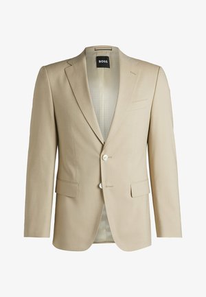 Beige tailored blazer with notch lapels, two front pockets, single-button closure, and a patterned interior lining. Soft-textured fabric.