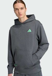 Siva dukserica od mekog materijala, s prednjim džepom, velikom kapuljačom i logom u mint zelenoj boji na prsima.