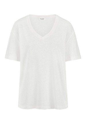 Weißes T-Shirt mit kurzem V-Ausschnitt und entspannter Passform, aus weichem, leichtem Stoff gefertigt.