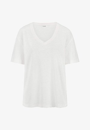 Weißes T-Shirt mit kurzem V-Ausschnitt und entspannter Passform, aus weichem, leichtem Stoff gefertigt.