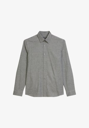 Camicia grigia con colletto, caratterizzata da un motivo testurizzato, maniche lunghe e orlo dritto. Include chiusura con bottoni sul davanti.