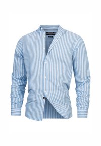 Camisa de rayas azul claro hecha de lino, con cuello estrecho, cierre de botones en la parte delantera, mangas largas con puños abotonados y bajo curvado.
