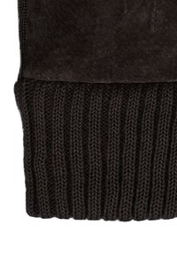 Brown suede glove with a ribbed dark knit cuff. The texture is smooth on the suede and interwoven on the cuff, showcasing a snug fit.
