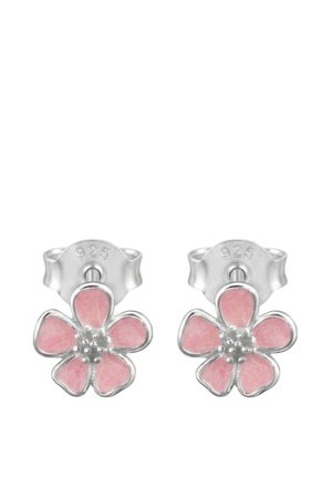Silberne Ohrstecker in Form von fünfblättrigen Blumen mit zart rosa emaillierten Blütenblättern und kleinen silbernen Perlendetails in der Mitte.