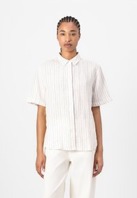 Short-sleeve button-up shirt in light fabric with a subtle vertical stripe pattern in beige and pastel tones. Features a classic collar.