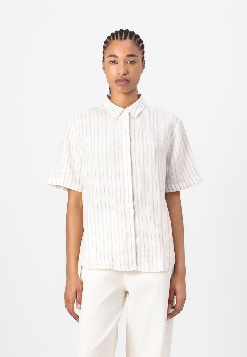 Short-sleeve button-up shirt in light fabric with a subtle vertical stripe pattern in beige and pastel tones. Features a classic collar.