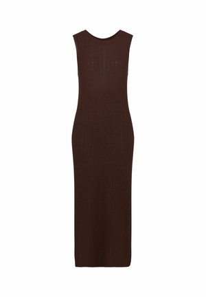 Donkerbruine midi-jurk zonder mouwen, gebreid met ribbels, met een ronde halslijn en een slanke, aansluitende pasvorm.