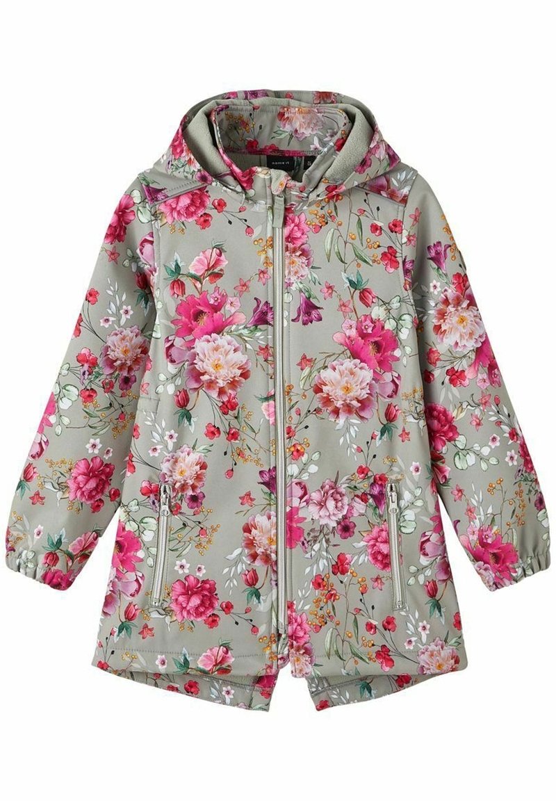 Blommig regnjacka med grå bakgrund, prydd med rosa och röda blommor, huva, långa ärmar och framfickor med dragkedja.