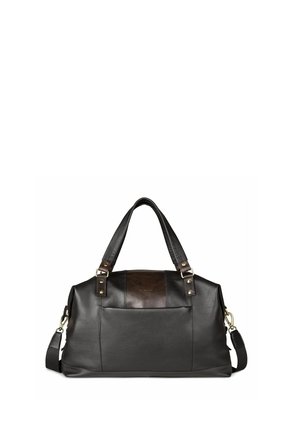 Sac de voyage en cuir noir avec deux poignées et une sangle d'épaule amovible, doté de ferrures dorées et d'un détail de poche avant.