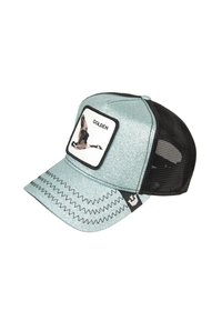 Cappello da camionista con una parte frontale azzurro chiaro lucido, retro in rete nera e un'etichetta rettangolare con un'oca che vola e la scritta "GOLDEN".
