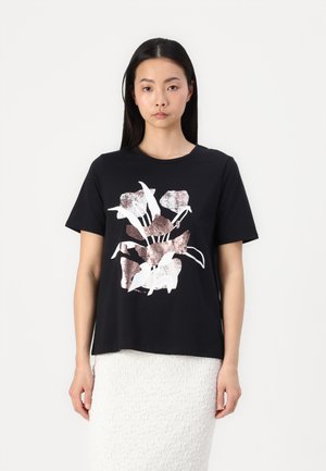 Black t-shirt with a floral design in white and metallic rose gold. Short sleeves, crew neck, relaxed fit, front graphic print.