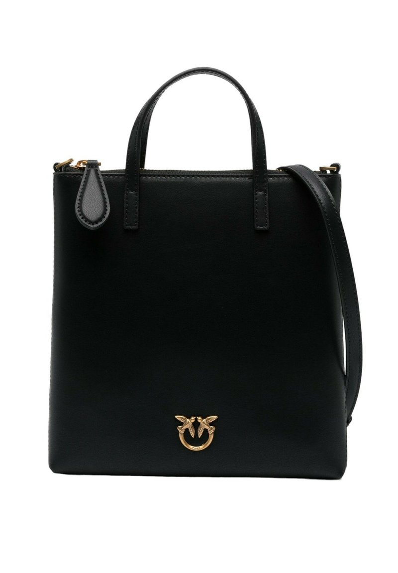 Borsa a tracolla in pelle nera con accessori dorati, manici superiori, tracolla rimovibile e un emblema distintivo che presenta due uccelli e un anello.