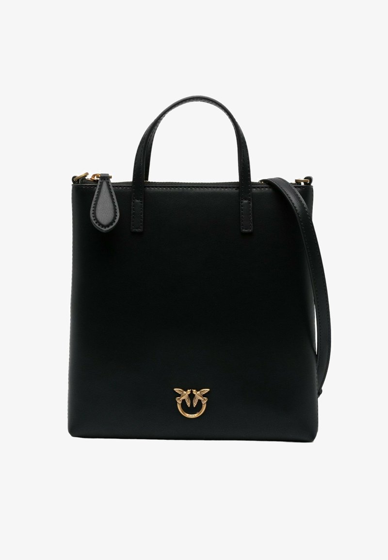 Black leather bag with a structured design, dual top handles, and a detachable shoulder strap. Features a gold-tone logo accent on the front.