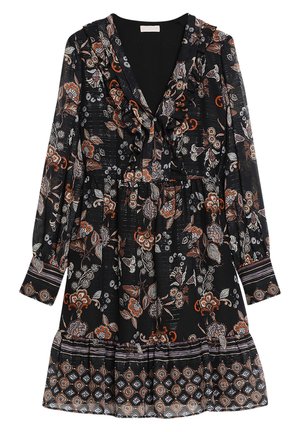 Robe noire à manches longues avec motif floral orange et blanc, encolure en V à volants, taille cintrée et ourlet à volants imprimés.