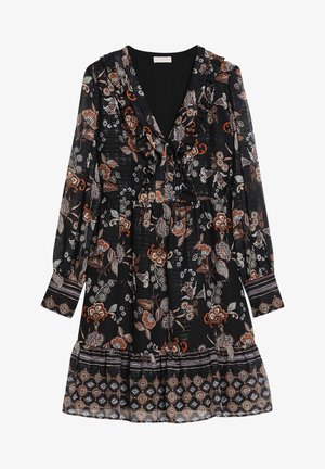Robe noire à manches longues avec motif floral orange et blanc, encolure en V à volants, taille cintrée et ourlet à volants imprimés.