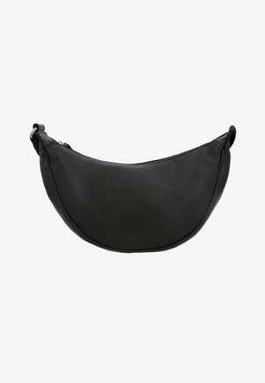 Schwarze Leder-Schultertasche in Halbmondform, mit strukturiertem Oberflächen, oberem Reißverschluss und abgerundeten Kanten für ein elegantes Design.