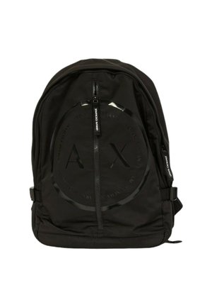 Zaino nero in nylon con un logo circolare lucido che presenta "A/X". Dotato di chiusura con zip e spallacci regolabili per una maggiore comodità nel trasporto.
