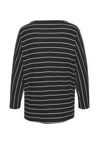 Schwarzes langärmeliges Oberteil mit horizontalen weißen Zickzackstreifen und weitem, rundem Halsausschnitt, von hinten auf weißem Hintergrund gezeigt.