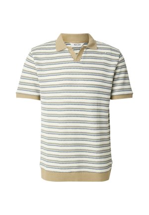 Kurzärmliges Poloshirt in Beige mit horizontalen blauen und cremefarbenen Streifen, ausgestattet mit V-Ausschnitt sowie geripptem Kragen und Saum. Strukturierter Stoff.