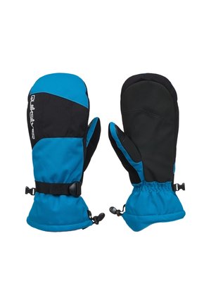 Pair of blue and black insulated winter mittens with adjustable wrist straps and Quiksilver logo on one mitten.