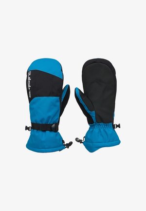 Pair of blue and black insulated winter mittens with adjustable wrist straps and Quiksilver logo on one mitten.