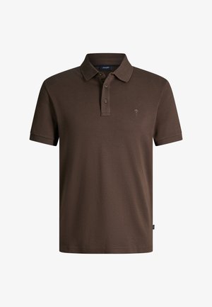 Braunes Polohemd mit kurzen Ärmeln, Kragen, Knopfleiste mit drei Knöpfen und kleinem gesticktem Logo auf der linken Brust.