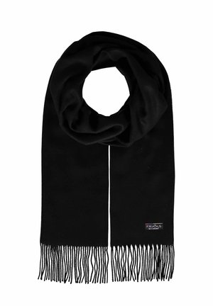 Écharpe en cachemire noire avec des extrémités à franges, bouclée en haut, présentant une petite étiquette rectangulaire de la marque à une extrémité.