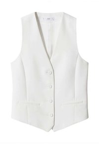 Biała kamizelka bez rękawów o dopasowanym kroju z czterema guzikami z przodu i dwiema kieszeniami w szwach, z dekoltem w serek i wąskim kołnierzykiem.