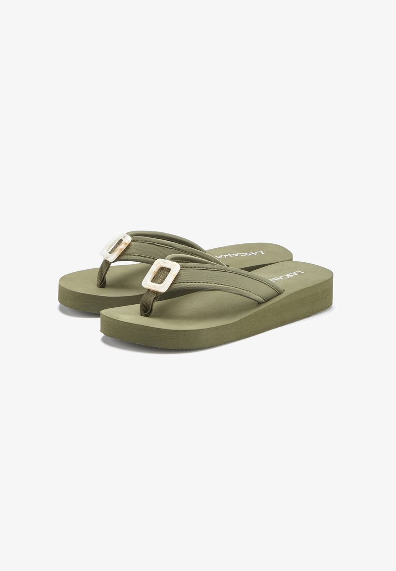 Olive green flip-flops with a cushioned footbed, featuring thin straps and square-shaped decorative accents near the toe post.