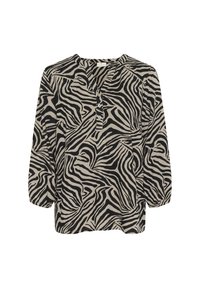 Blouse à manches longues noire et beige avec un motif zèbre, dotée d'un col en V et de trois boutons sur le devant. Tissu doux et léger.