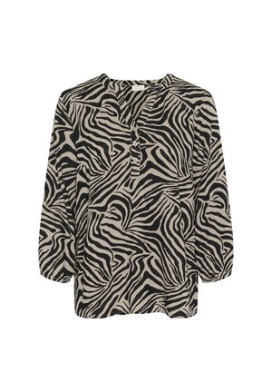Bluză lungă cu mâneci, în culori negru și bej, cu un model imprimat zebra, având un decolteu în V și trei nasturi pe față. Material moale și ușor.