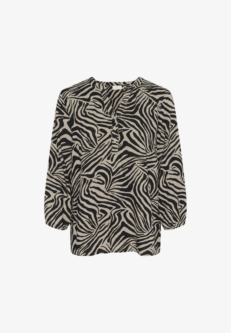Blouse à manches longues noire et beige avec un motif zèbre, dotée d'un col en V et de trois boutons sur le devant. Tissu doux et léger.