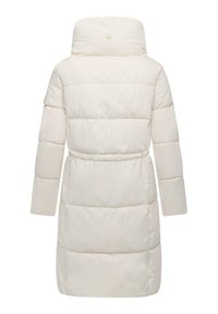 White padded coat with a high collar, long sleeves, and a belted waist. Features horizontal quilted sections and a logo detail on the collar.