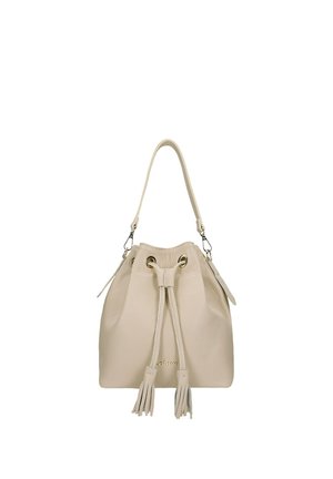 Beżowa skórzana torba typu bucket z zamknięciem na sznurek, frędzlami i pojedynczym paskiem na ramię.