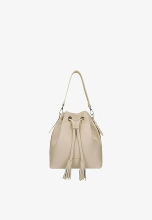 Beige leather bucket bag with drawstring closure, tassels, and single shoulder strap.