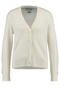 Cardigan color crema realizzato in materiale morbido. Presenta un collo a V, chiusura con sei bottoni e polsini e orlo a costine. Design classico con maniche lunghe.
