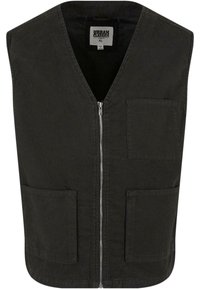 Schwarze ärmellose Weste aus Bio-Baumwolle mit V-Ausschnitt, vorderem Reißverschluss und zwei Seitentaschen. Minimalistisches Design.